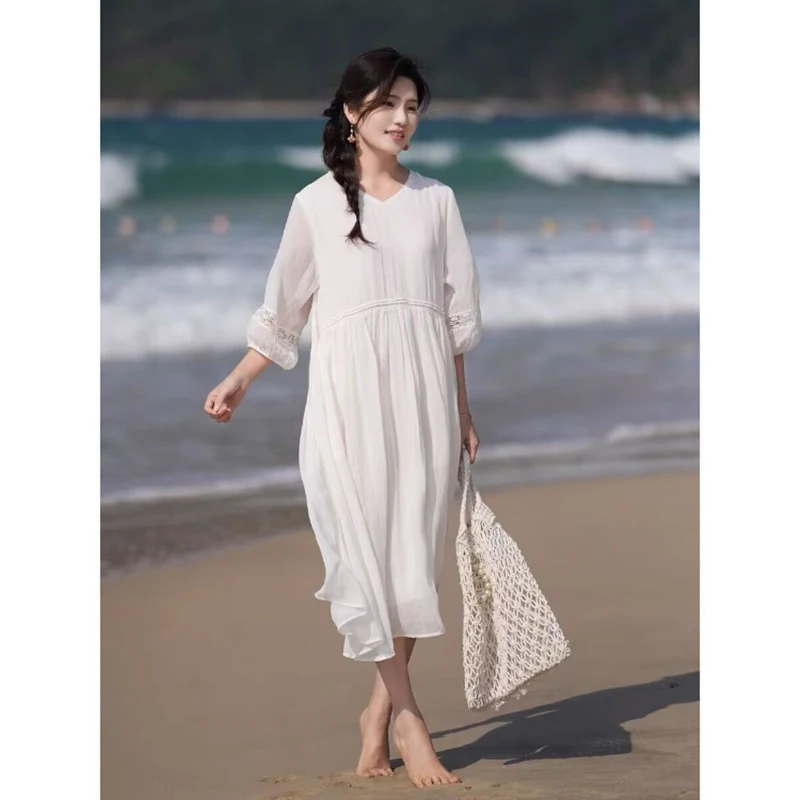 

Elegant Solid Dress Women Pleated Lace Mesh Long Sleeve V Neck Loose Lady Dresses Summer Female Casual All Match Thin Vestidos