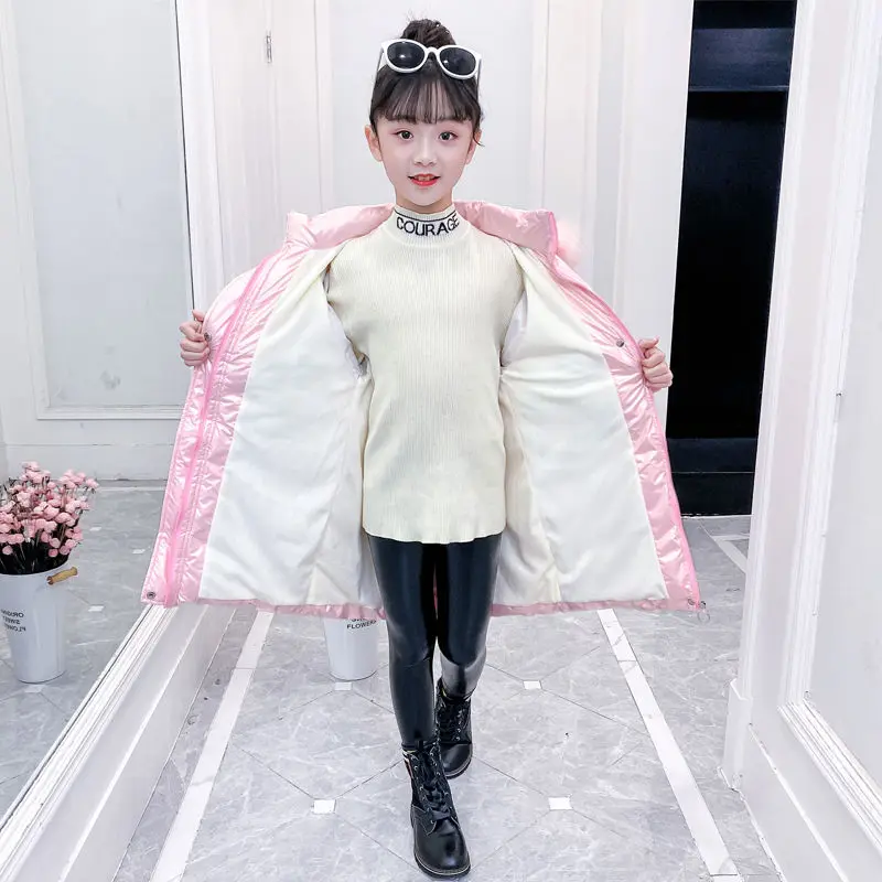 New winter coat girl's coat waterproof bright hooded long padded coat children's coat clothing 4 6 8 10 1214 year old children's