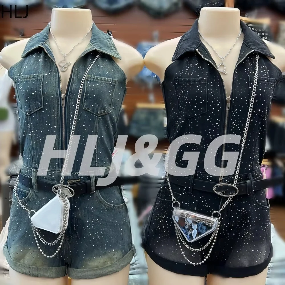 HLJ Y2K Sexy Rhinestone Patchwork Denim Romper for Women Halter Neck Zipper Bodycon Short Jumpsuit Female Streetwear Overalls