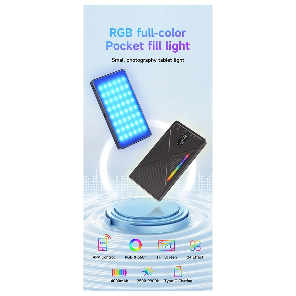 

New RGB Video Light 10W Portable Selfie LED Camera Light with 2500-9900K 4000mAh Rechargeable 96+ App Control Fill