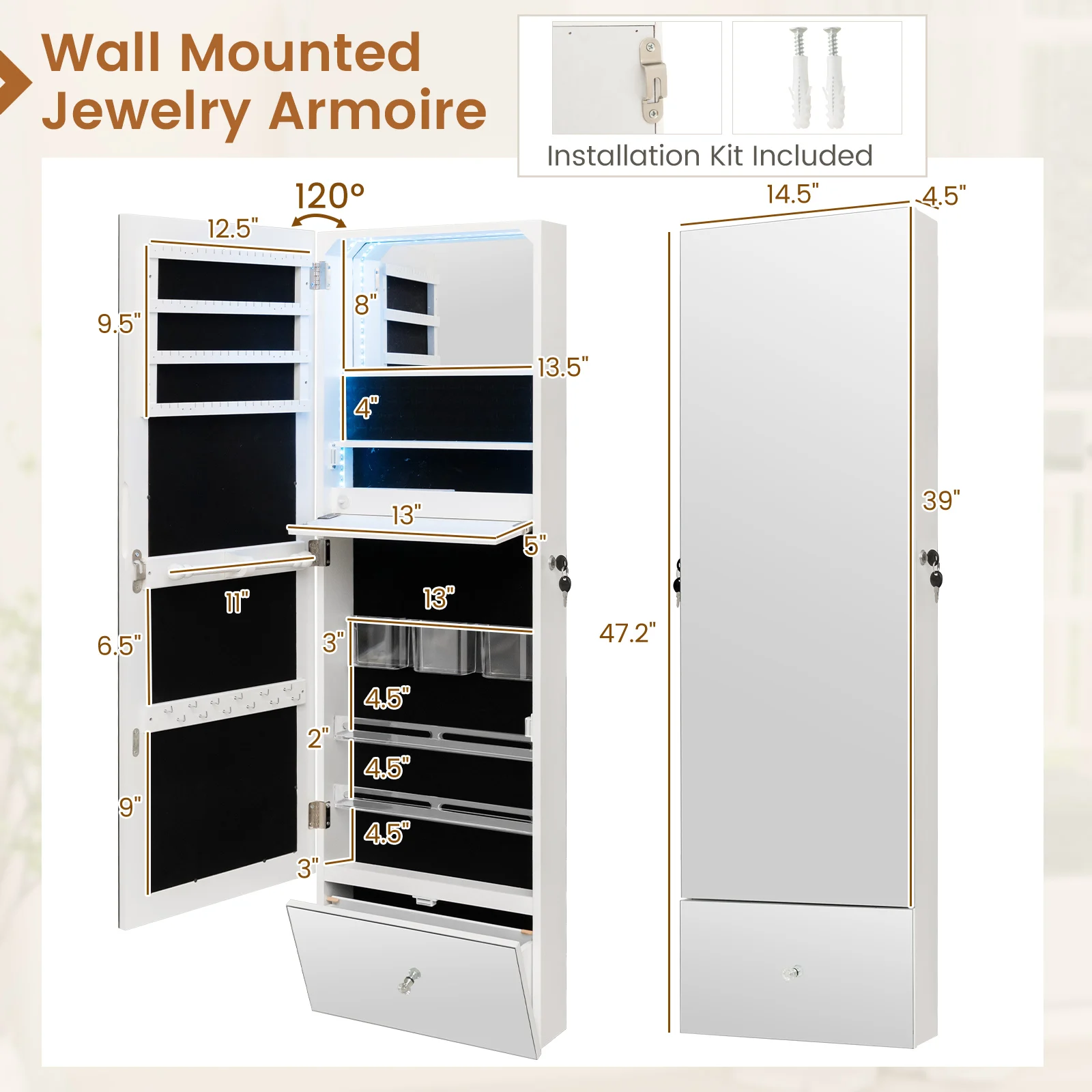 Wall Mounted Jewelry Cabinet Armoire Full-Length Mirror w/ LED Lights & Drawer