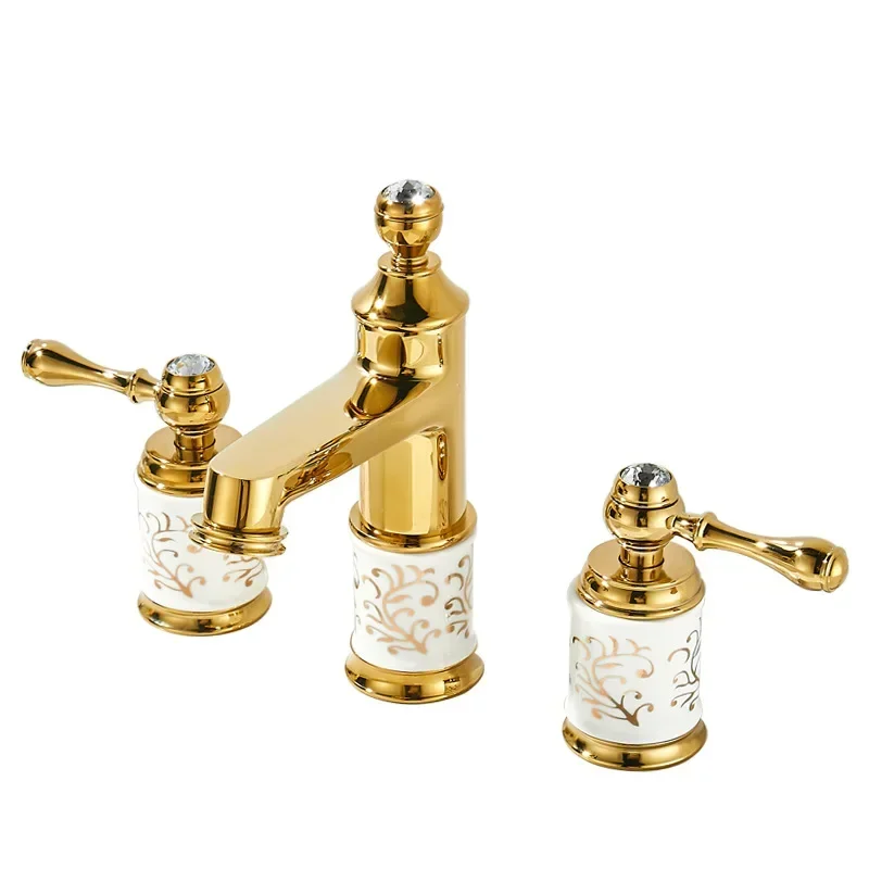

Light luxury gold hot and cold water ceramic double open handle split three-hole European British French retro basin faucet