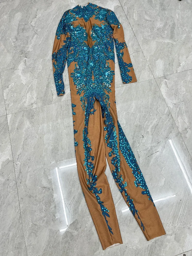 Pintado à mão impresso strass fino-ajuste personalizado vento macacão feminino cantor noite dj recepção desempenho terno azul uva