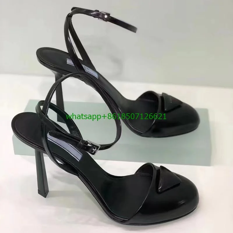 Summer Slingback Shoes Sexy Stiletto High Heel Leather Sandals Round Toe Ankle Buckle Strap Round Button Fashion Sandals