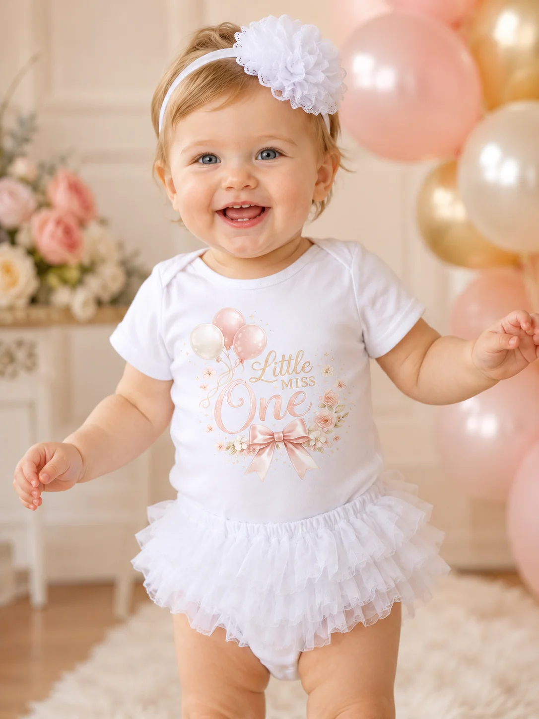 Baby Girl 1st Birthday Outfit Little Miss One Bodysuit White Tutu Skirt Headband Set Pink Bow Balloon Print First Birthday Cake