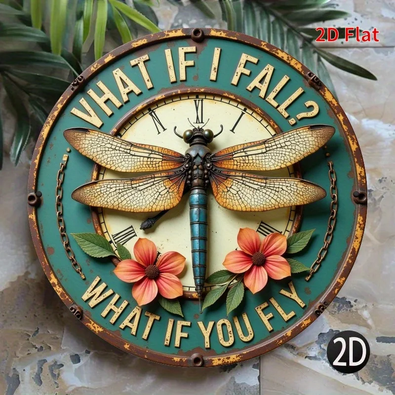 Rustic Round Metal Wall Sign- Vintage-Inspired Iron Decorative Plaque with Dragonfly , Unique Door Hanger for Home
