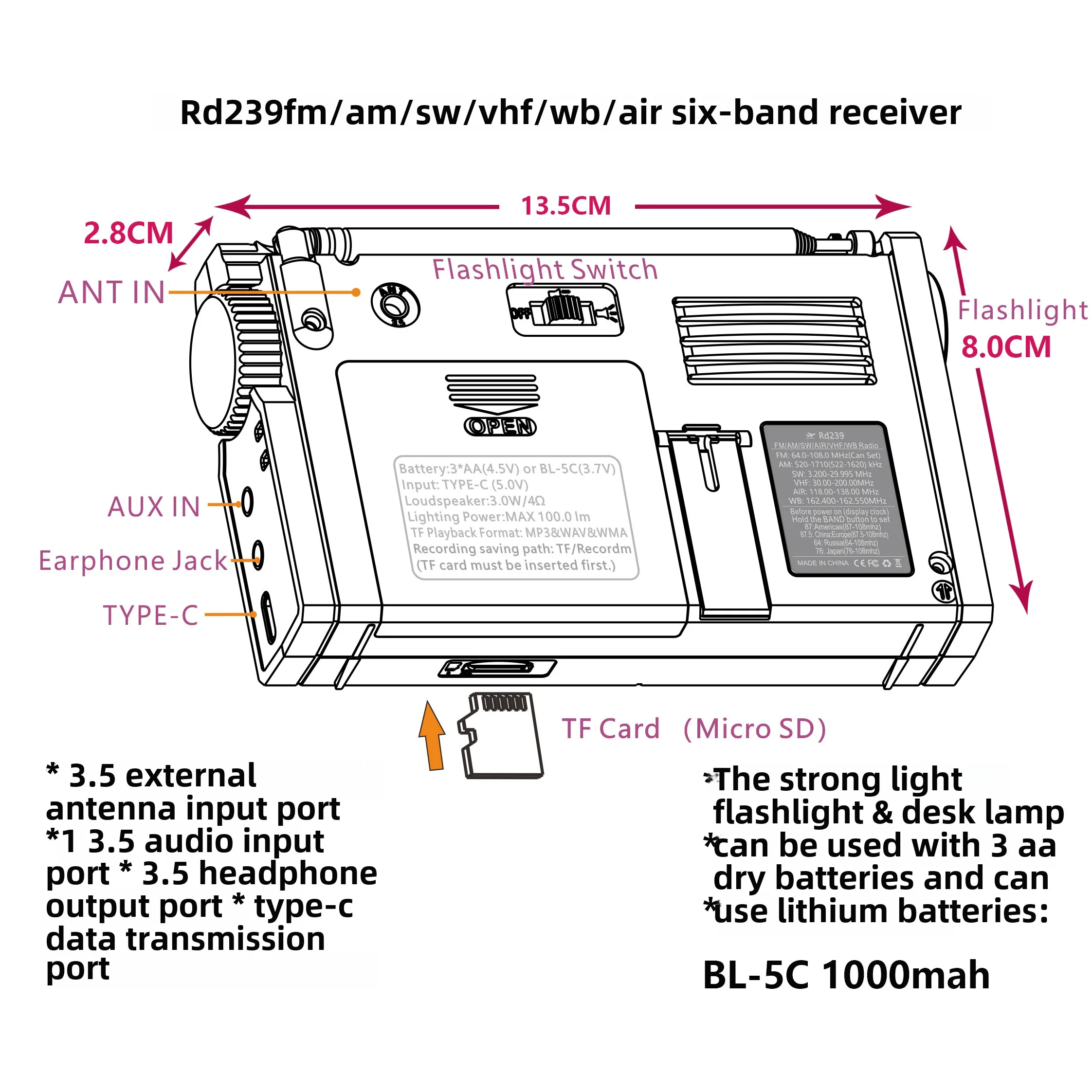 RD239 Aviation Band Radio AIR/VHF/FM/SW/AM Transistor Bluetooth/TF