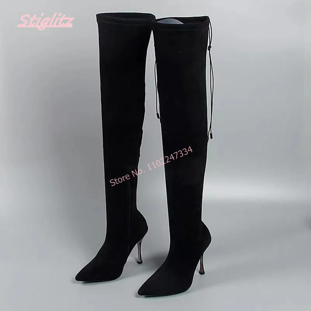 

Black Nubuck Elastic Thigh Boots Women's New Arrival Luxury Brand Pointed Toe Sexy footwear Stiletto Party Fashion Shoes