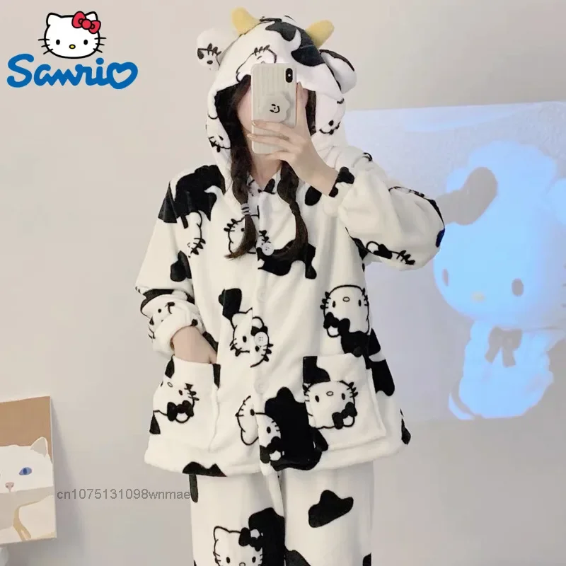 Sanrio Hello Kitty Furry Cotton Pajamas Sets for Women, Cute Plush Pajamas, Thickened Casual Household Suit, Winter, New, 2 Pcs