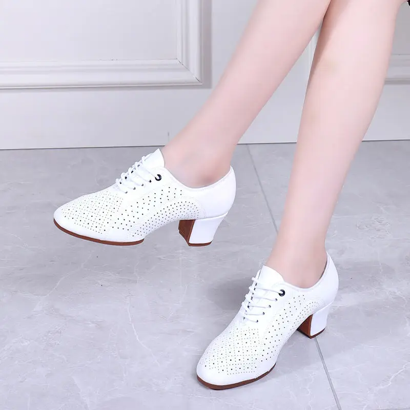 New Latin Dance Shoes Women Hollow Out Leather Women Shoes Ballroom Dance Shoes Closed Toe White Rubber Soles