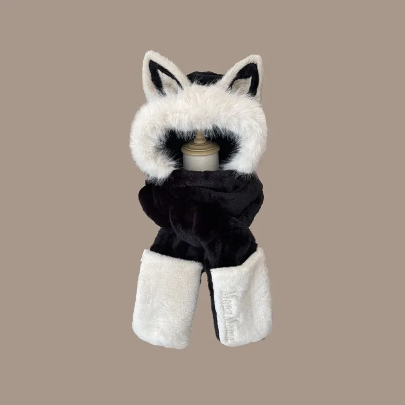 

New Thickened Hat Scarf Gloves Set Plush Keep Warm Women Beanies Cap Fox Ear Windproof Ear Protection Cap Cycling