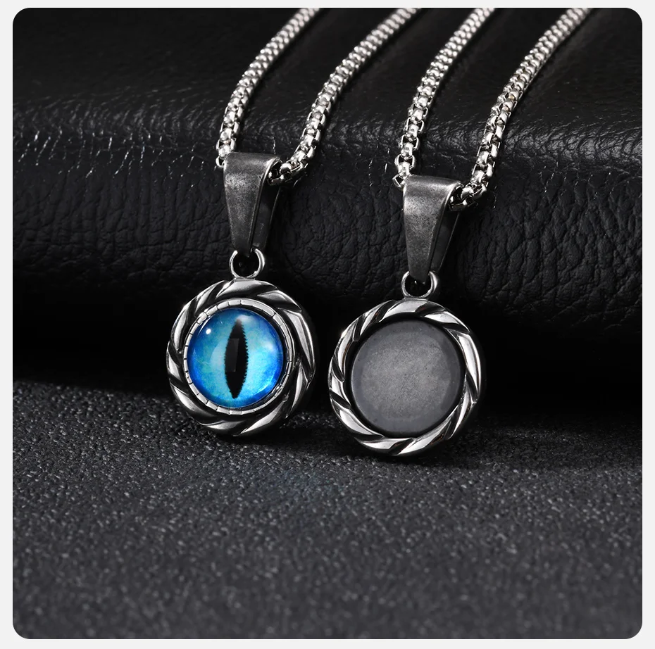 Vnox Herren Edelstahl Blaues Böses Auge Anhänger Halskette Vintage Graue Gedrehte Lünette Kastenkette Halsketten Punk Amulett Schmuck Geschenk – Detail 6