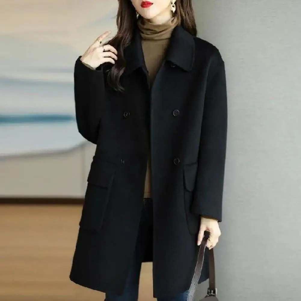 Women Mid-length Wool Coat Solid Color Double Breasted Woolen Coat Flap Pockets Woolen Coat Lapel Thickened Overcoat Outwear