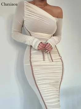 Chaxiaoa เส้นทแยงมุมคอยาวแขนยาว Midi ชุดผู้หญิง 2 ชั้นตาข่าย Backless Ruched Bodycon Club Party ชุดยาวเซ็กซี่