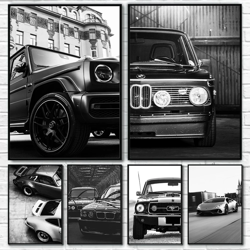 الموضة الحديثة جدار الفن بسيط أبيض وأسود سيارة فاخرة HD قماش المشارك يطبع غرفة نوم المنزل غرفة المعيشة الديكور جدارية