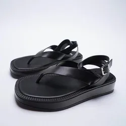 2022 Summer New Women's Shoes Black Flat Leather Fashion Sandals Flip Flops ZA Lace-up Platform Ankle Strap Sandals for Women