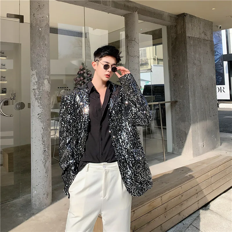 Sequined Suit Men\'s Loose Shiny Top Fashionable Fried Street Coat Personal Trendy Male Long Sleeve Night Club Stage Closing