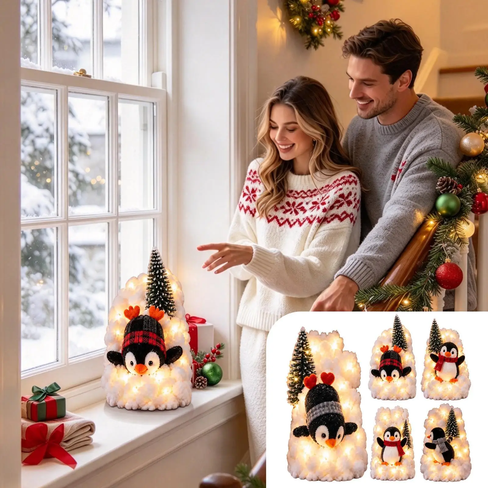 Lighted Christmas Staircase Decor Railing LED Christmas Sliding Penguin Sliding Penguin Staircase Decoration For Apartment