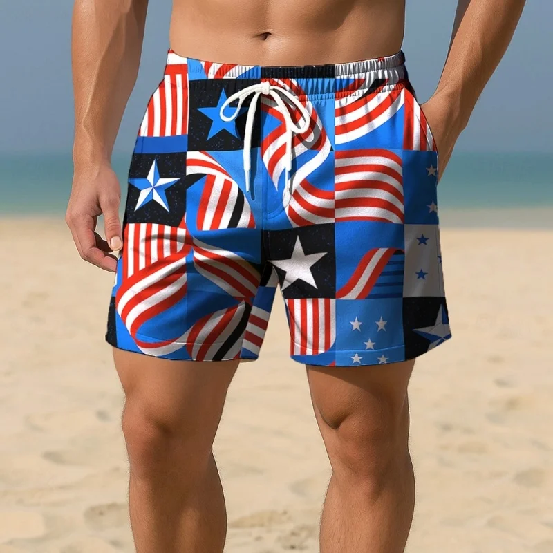 

Короткие брюки в полоску со звездами и 3D принтом для мужчин, пляжные шорты с американским узором, модные повседневные свободные уличные гавайские плавки для серфинга