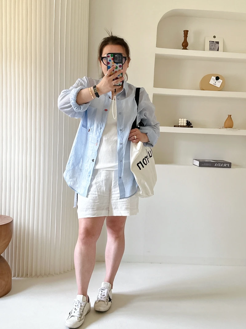 

Casual Sle Fruit Embroidery Large Size Women's irt Korean Sle Loose Fit Linen irt Versatile Spring Summer Faion
