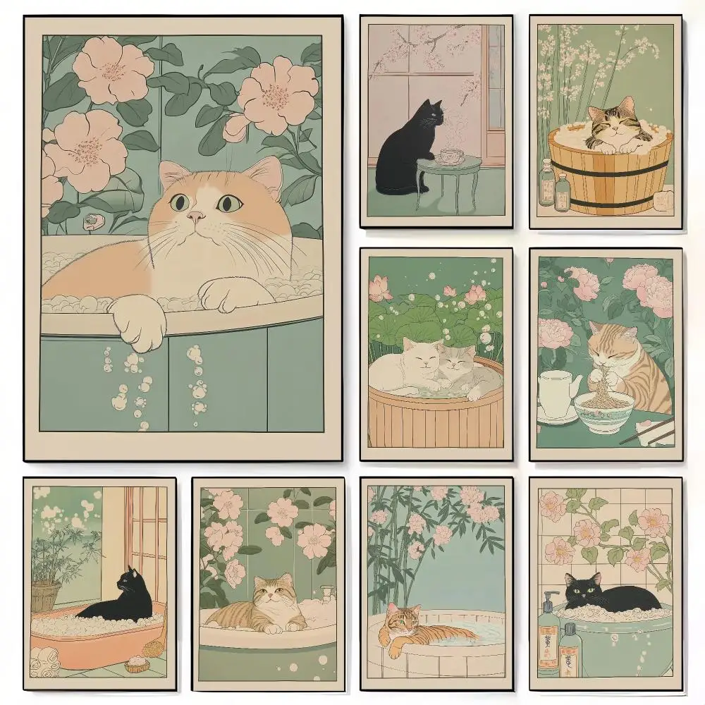 Scottish Cat in A Bathtub Poster Print Black Cat Tabby Cat Eating Ramen Canvas Painting Japanese Wall Art Bathroom Kitchen Decor