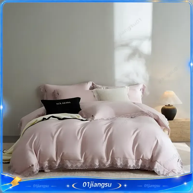 Elegant French Lace Wide Edge Luxury Bedding Set 1000TC Egyptian Cotton Soft Duvet Cover Flat Fitted Sheet Pillowcases 4Pcs