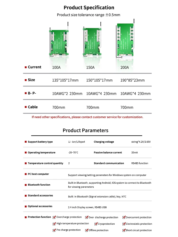 LILN BMS الذكية BMS بلوتوث 8S 24V 150A Lifepo4 بطارية NTC BT مفتاح التبديل RS485 وظيفة ل EV العاكس