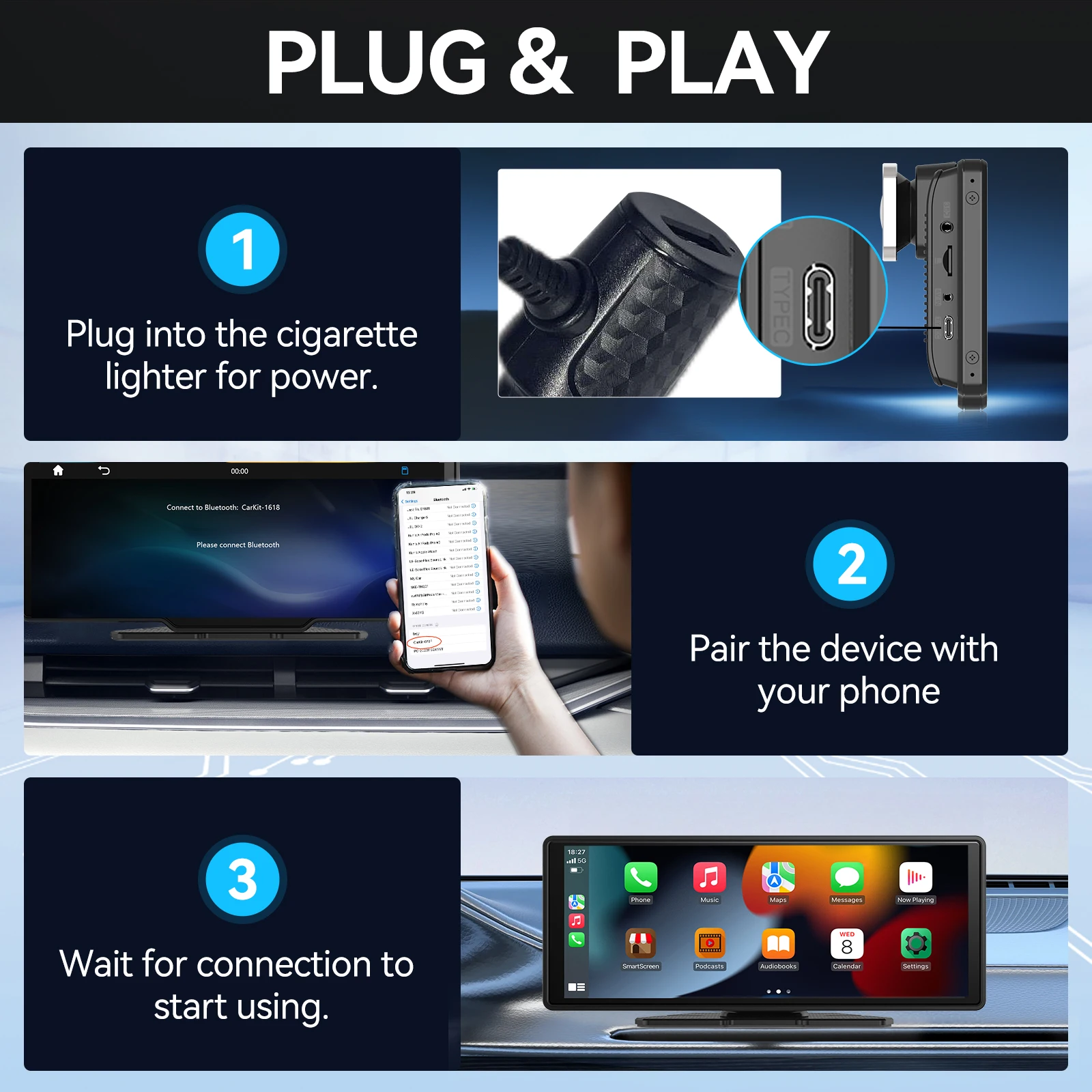 Pionray 10.26 بوصة المحمولة 4K سيارة DVR اللاسلكية Carplay و أندرويد السيارات لتحديد المواقع والملاحة مسجل فيديو لوحة القيادة عدسة مزدوجة واي فاي FM