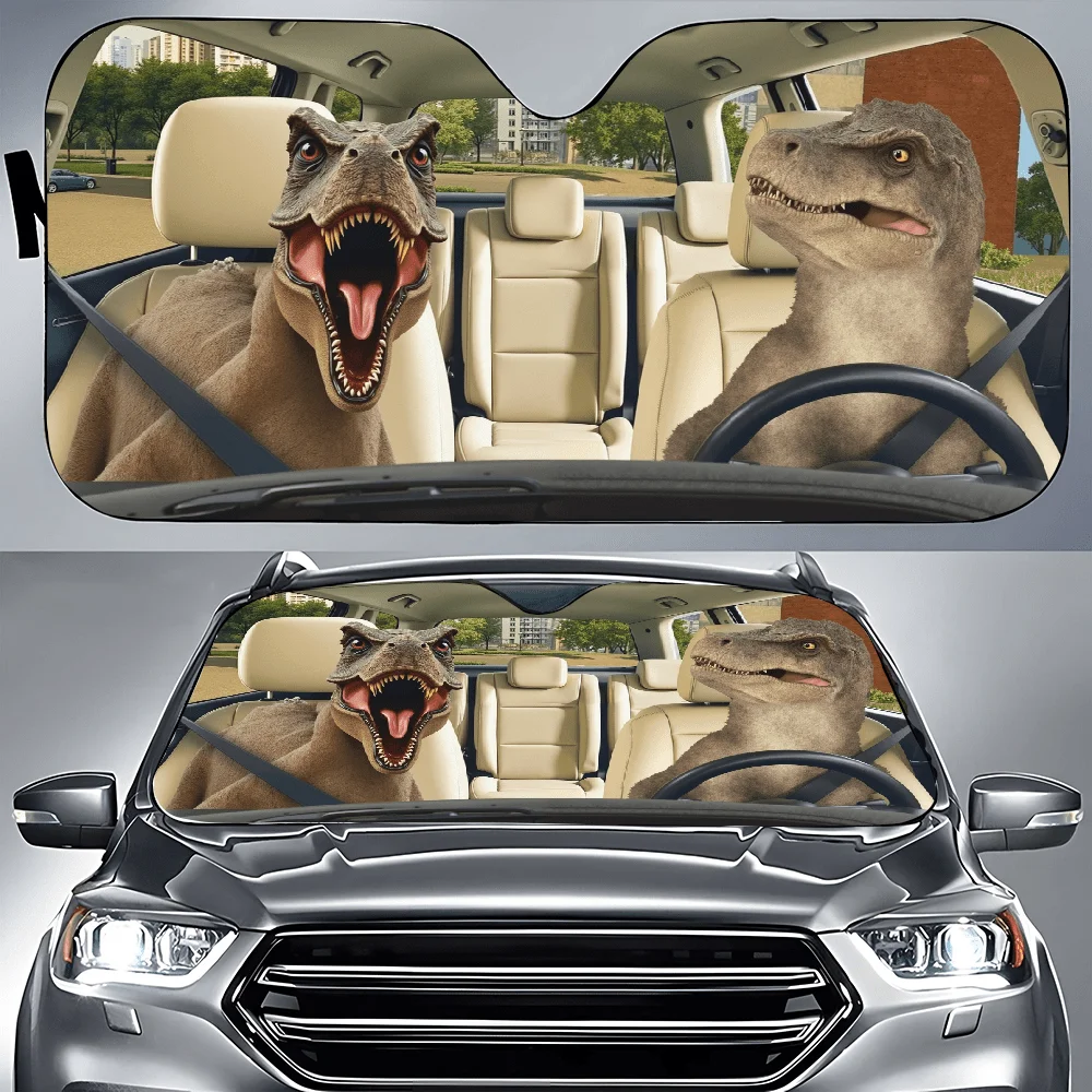 Couple Of Dinosaurs Sitting In The Back Seat Of A Car Car Auto Sunshades Car Sunshade, Front Window Sun Cover For Car, Auto Suns