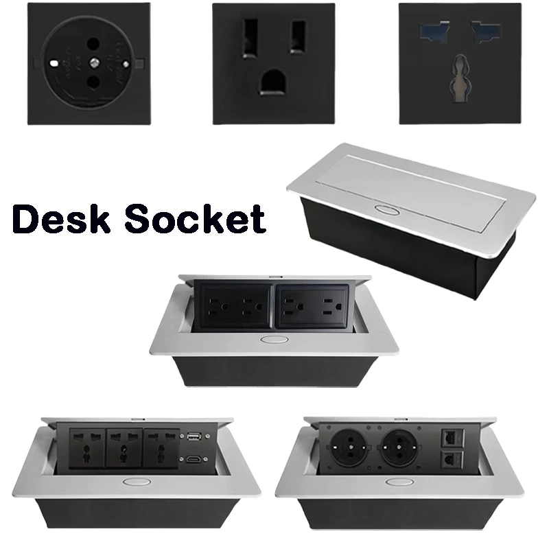 

​​Multifunctional Slow-Rise Pop-Up Desk Socket EU/US with USB/HDMI/RJ45/Type-C Ports - Aluminum Alloy Embedded Conference Table