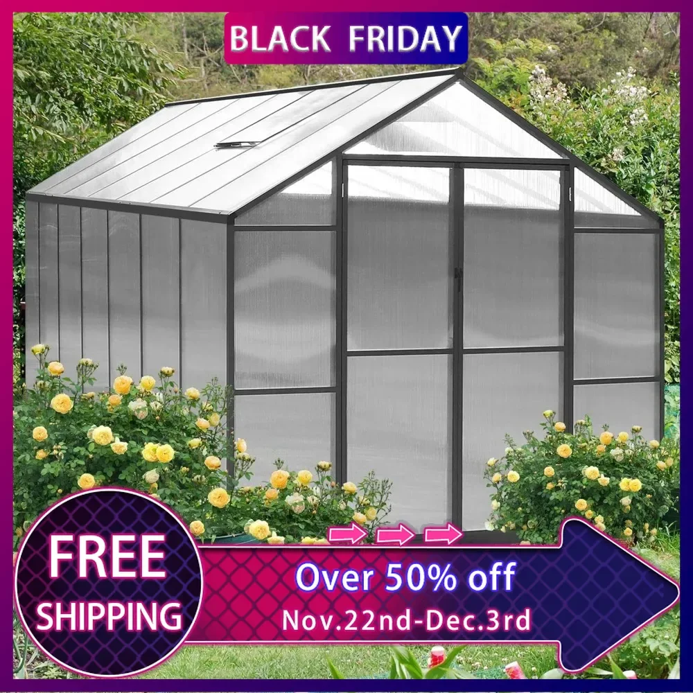 

8x14 FT Greenhouse Kit for Outdoor, Polycarbonate Aluminum Walk-in Green House with Lockable Door and Adjustable Roof Vent,Gray