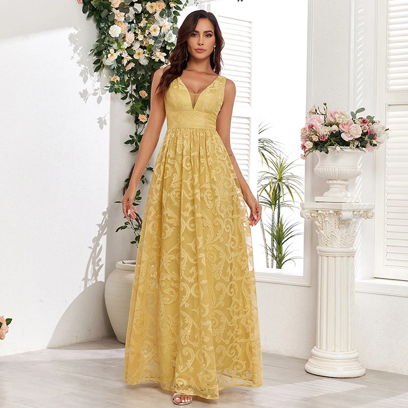 Women Summer 2025 Elegant Sleeveless V Neck Backless Yellow Lace High Waist Prom Cocktail Evening Party Long Maxi dresses