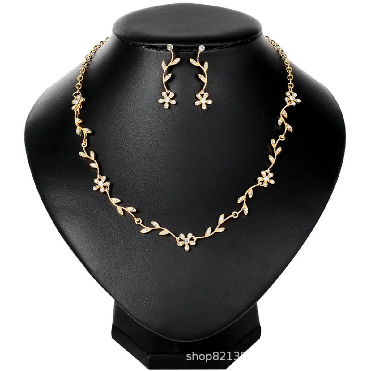 

Gold Tone Crystal Flower and Leaf Necklace and Earrings Set Elegant Bridal Statement Jewelry