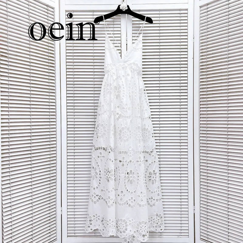 

[oein] Summer New Style Strap Waist Embroidered Lace Hollow Design Waist Strap Solid Color Dress For Women 2024 Autumn Fashion