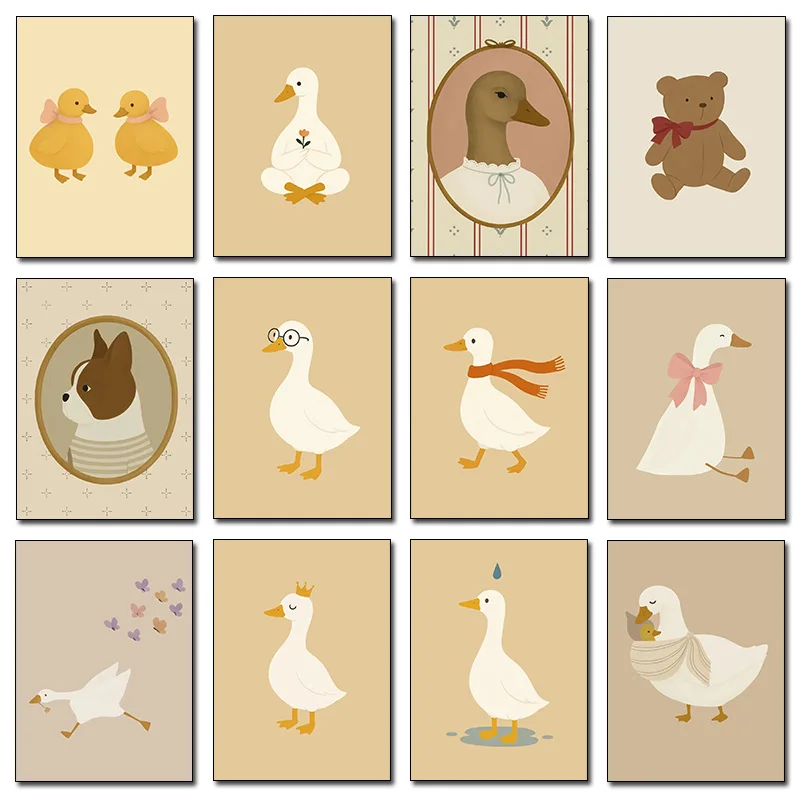 Cute Silly Goose Rocking Horse Chick Teddy Bear Blue Duck Poster Print Wall Art Pictures Diamond Painting Room Home Decor Gift