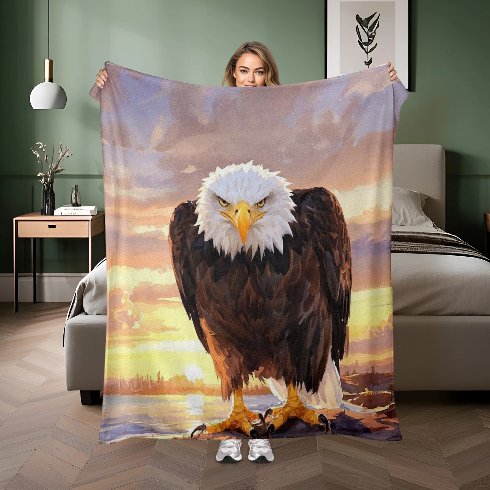 

Adorable Childrens Blanket Featuring Cartoon White Headed Eagle And Sunset Theme Inspires Nature Love