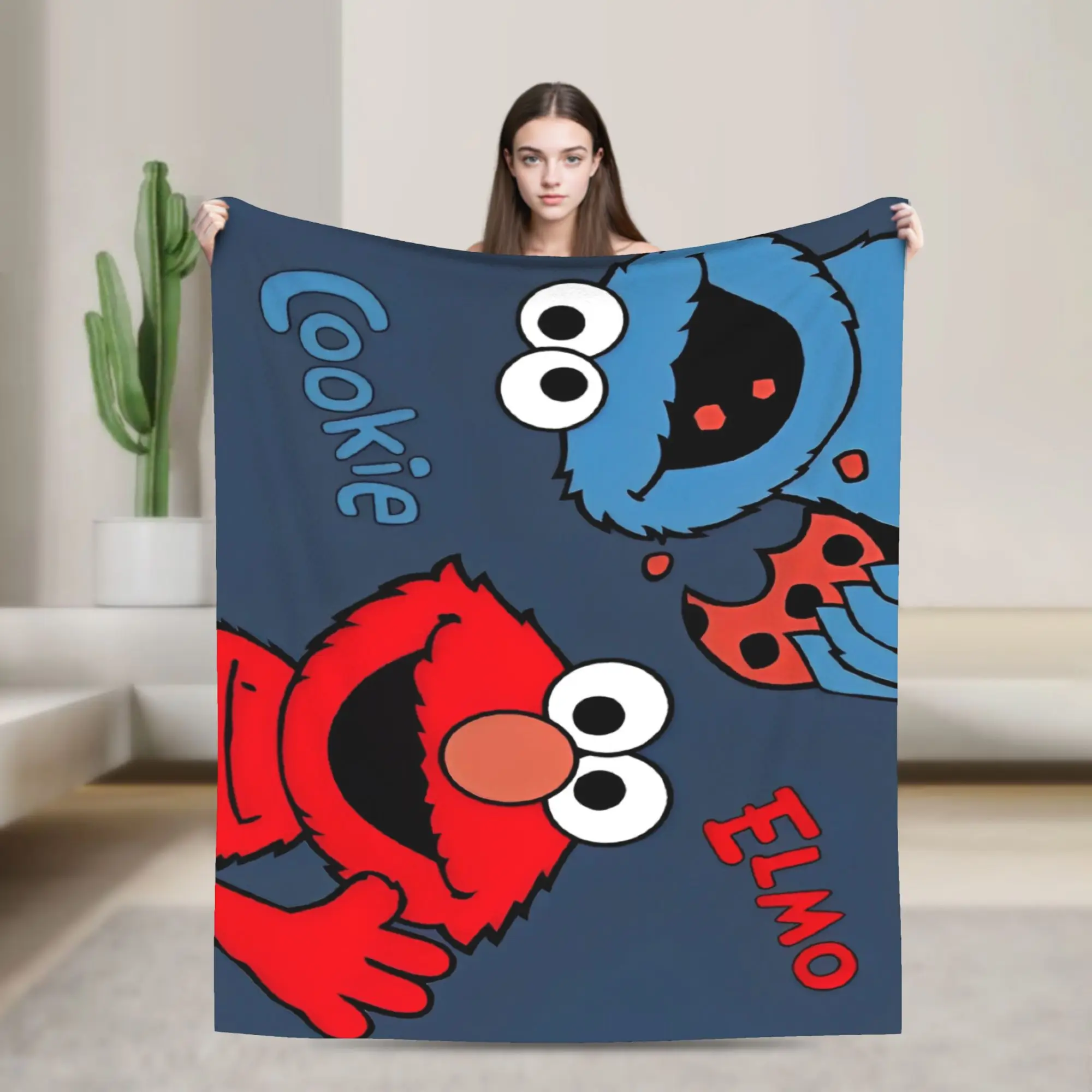 S-Sesame Street Elmo Cookie Wool Blanket Sesame Street Cartoon Comedy Funny Throw Blanket for Home 125*100cm Bedspreads