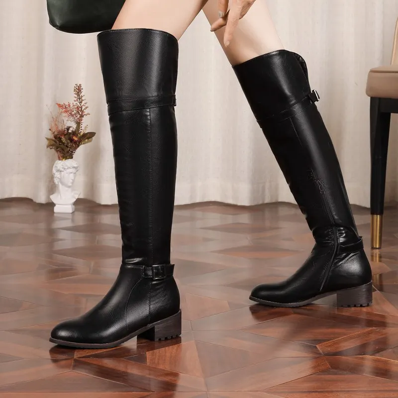 SIMLOVEYO Women Thigh Boots 48cm Round Toe Chunky Heels 4cm Belt Buckles Size 46 47 48 Leisure Ridding Booty