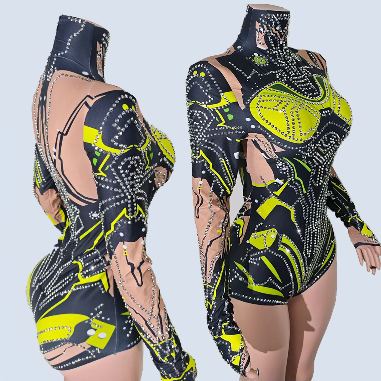 新しい光沢のあるラインストーンステージボディスーツメカ長袖ボディダンスウェアダンサー衣装パフォーマーファムシンガーショーガールズコスチューム