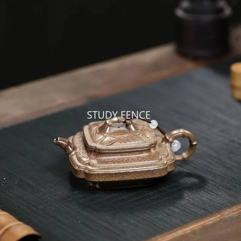 1pc Handmade Yixing Purple Clay Teapot 190ml Square Purple Clay Teapot Chinese Style Tea Ceremony Accessories Bamboo Pattern
