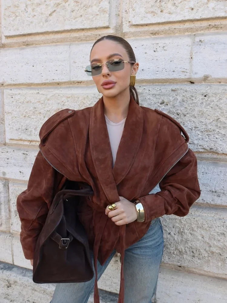 

Women Elegant Solid Lapel Suede Coats Full Sleeves Lace Up V-neck Waist Cinching Short Jacket Fashion Office Commute Coats 2025