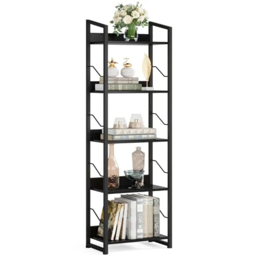 

5 Tier Tall Bookshelf: Industrial Wood Book Shelf with Edge Protection Metal Narrow Bookshelf Bookcase Storage Organizer Displa