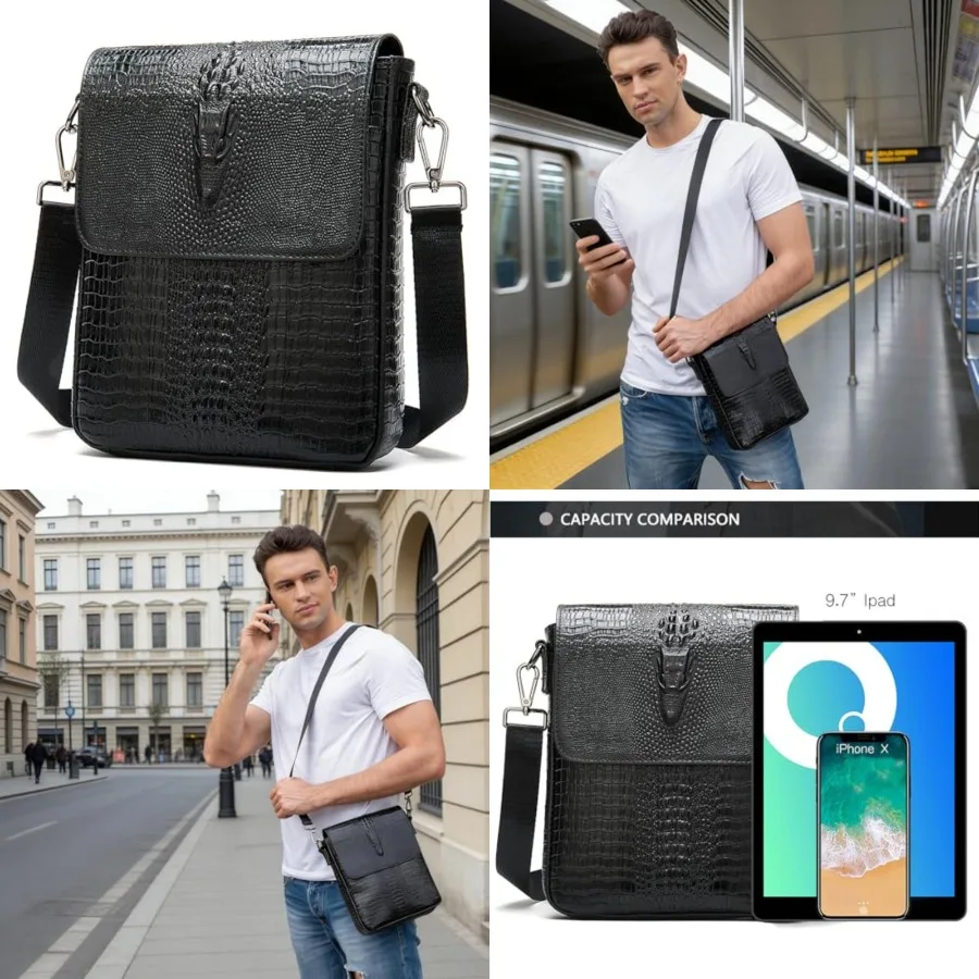 

NIUCUNZH Leather Flap Messenger Bag for Men Small Crossbody Shoulder Bag, Novelty Crocodile Embossed