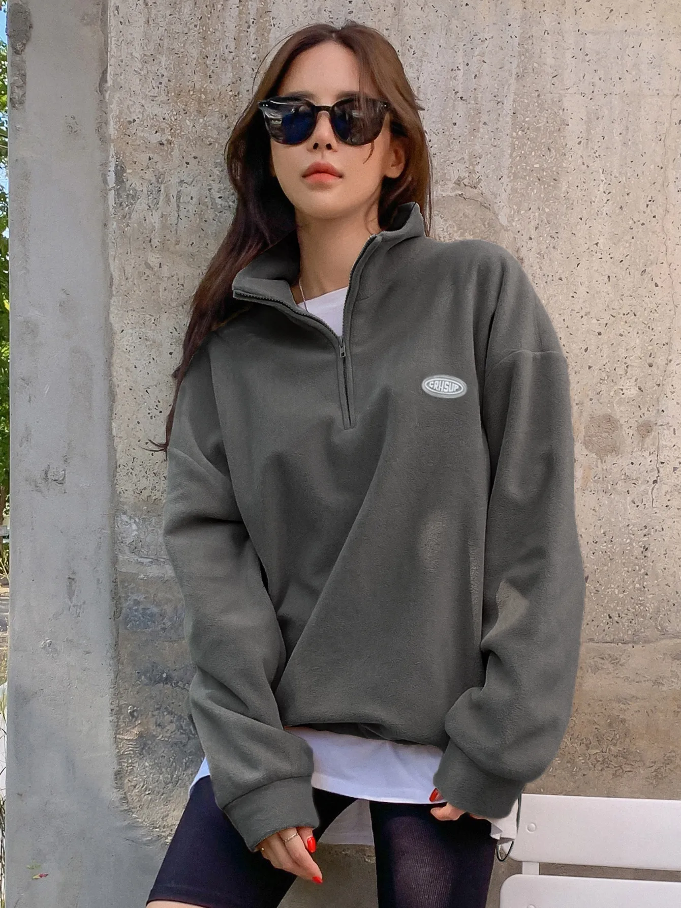 Sudadera Holgada de Felpa para Mujer con Media Cremallera, Hombros Caídos, Estilo Casual para Otoño