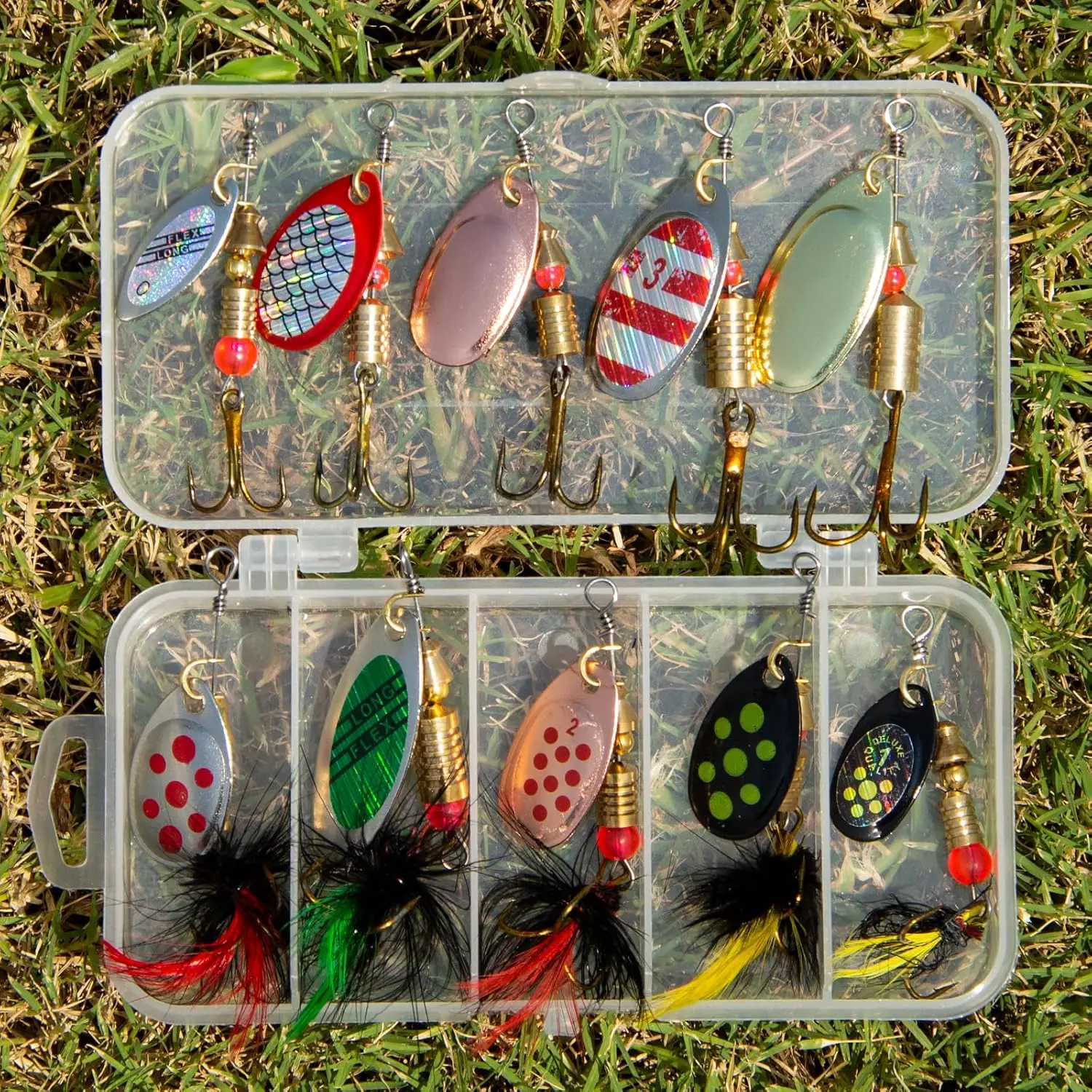 Inline Spinner Baits Kit, Trout Salmon Bass Rooster Tail Fishing Lures Spinnerbaits for Freshwater Lake with Tackle Box