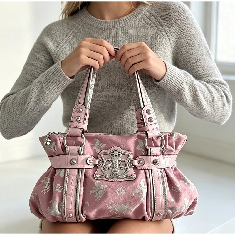 Koreanische Y2K-Style-Schultertasche, süßes, trendiges Design mit rosa Aufdruck, Damen-Tragetasche, Vintage-Nieten-Dekor, leichte, gerüschte Handtasche für den Alltag – Detail 16