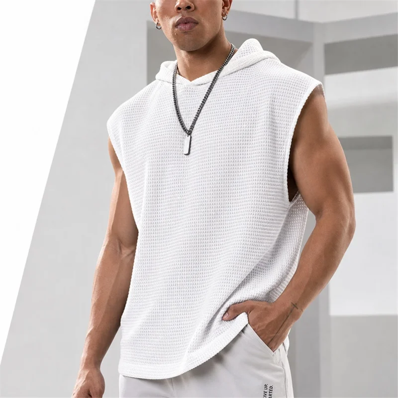 Men's Summer Fashionable Sleeveless Half Hollow Hooded Vest Large Size Gym Vest Standard Fit Contrast Color Stitching Polyester
