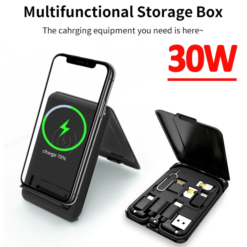 30W 9 In 1 Wireless Charger Stand Pad Multi Cable Adapter Needle Sim Card Storage Box For iPhone Samsung Fast Charging Station