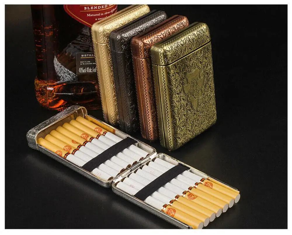 Bronce Retro tallado a mano de Metal 3-abierto caja de cigarrillos que puede contener 14 cigarrillos