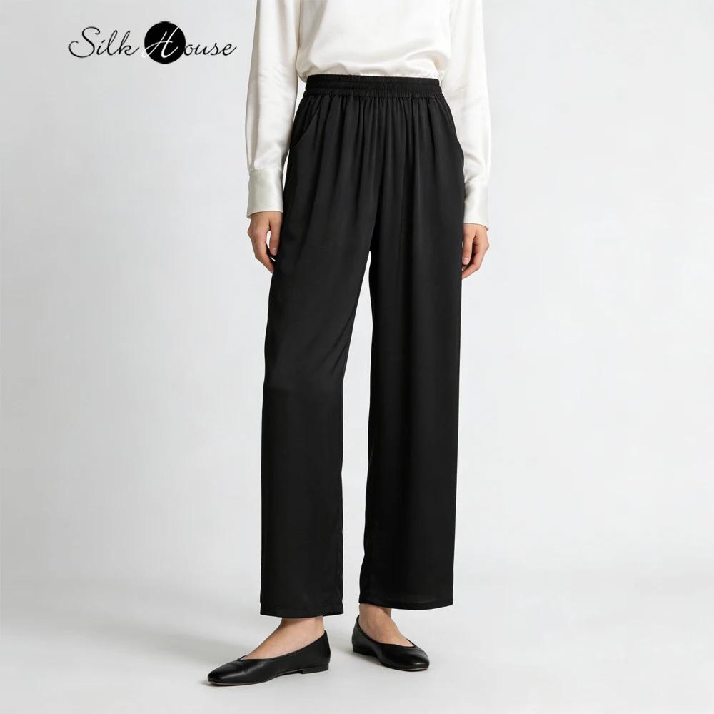 

Женские повседневные брюки из 93% натурального шелка тутового шелкопряда, эластичные, с эффектом песочной стирки, однотонные, атласные, с высокой талией, черные, прямого кроя